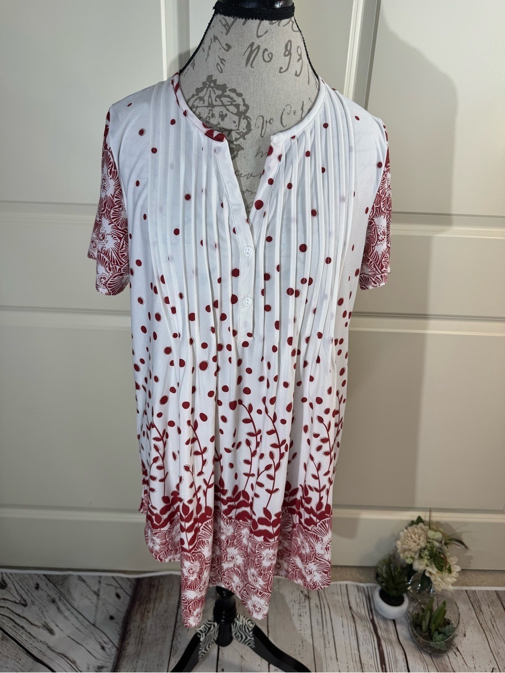 Simply Aster White & Red Polka Dot Floral Border Print Tunic XL